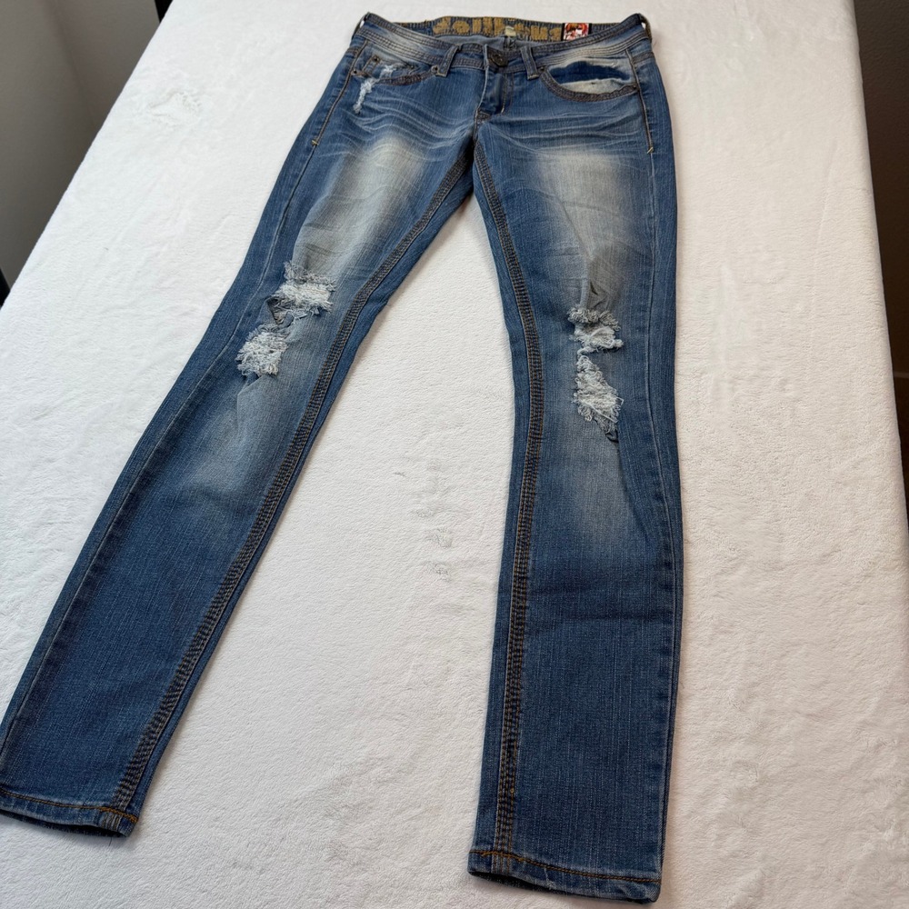 Dollhouse Skinny Jean Women 5 Blue Good Distress Union Jack Low Rise LT-1572MEI - Picture 3 of 13